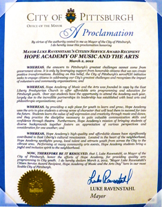 The Honorable Luke Ravenstahl, Mayor of Pittsburgh, Declares March 2 as “Hope Academy of Music and the Arts Day”