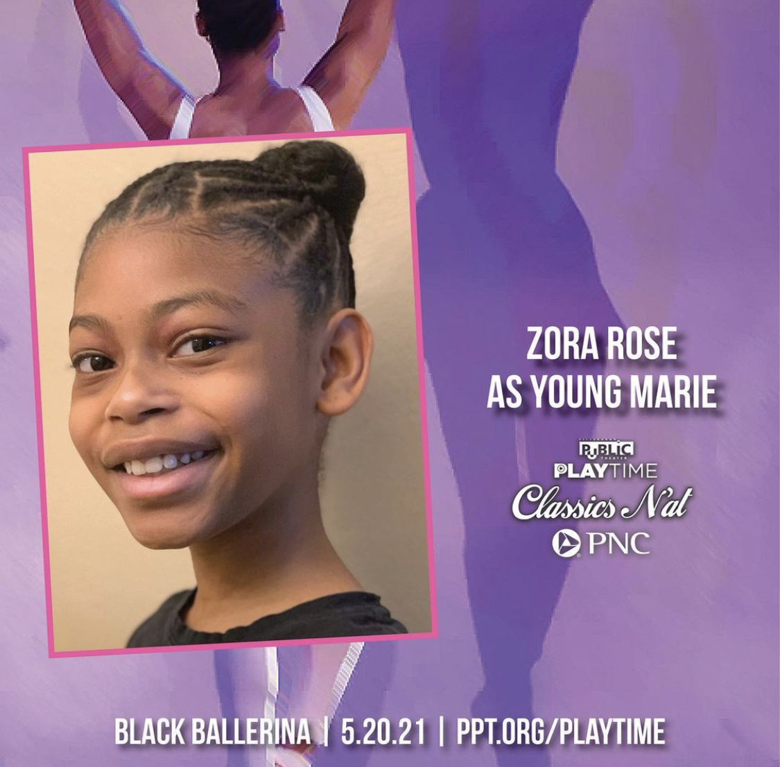 Hope Academy Student Zora Rose in Pittsburgh Public Theater's Black Ballerina. Headshot of Zora with text about performance.